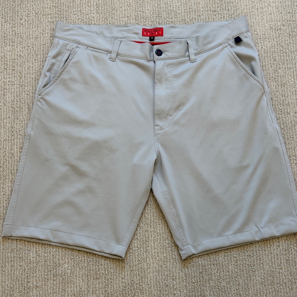 Halsey Classic Gray Men's Flat Front Shorts with significant wear/discoloration